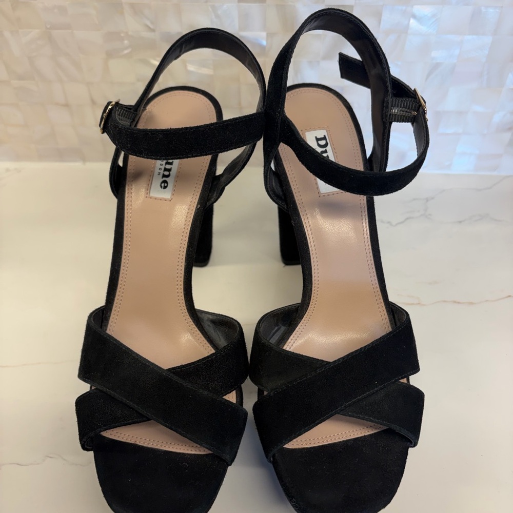 Dune London Black Suede Strappy Block Heel Sandals
